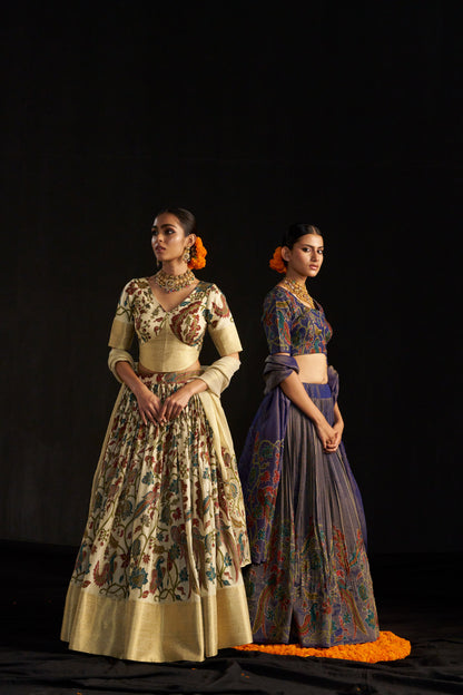 Beige Kanjivaram Kalamkari Lehengha Blouse With Tissue Dupatta
