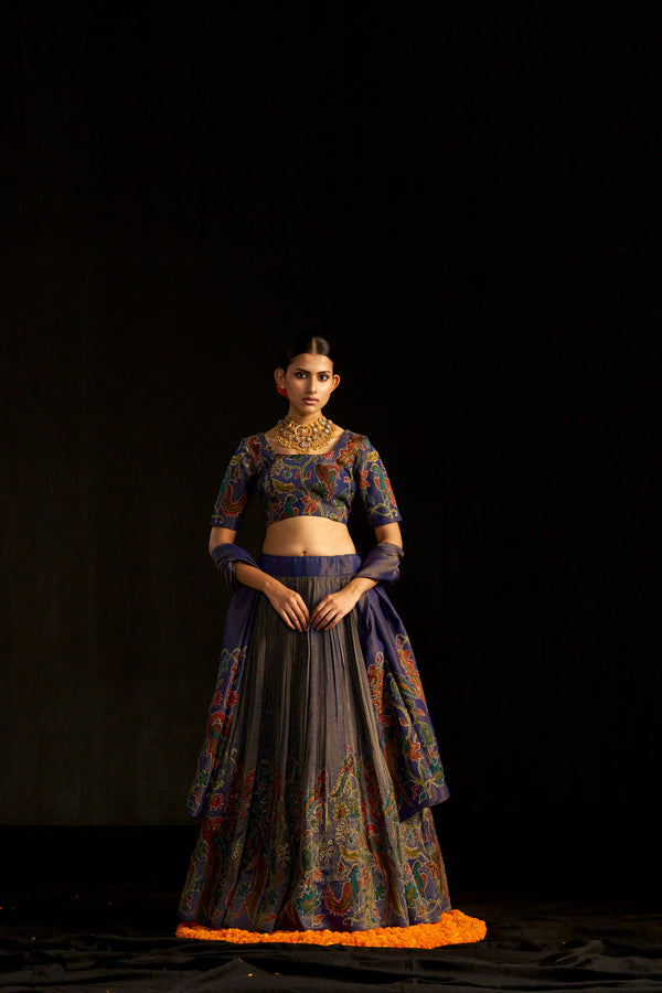 Blue Silk Lehengha Set And Tissue Dupatta With Handembroidred Details