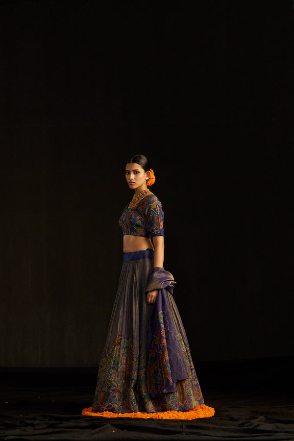 Blue Silk Lehengha Set And Tissue Dupatta With Handembroidred Details