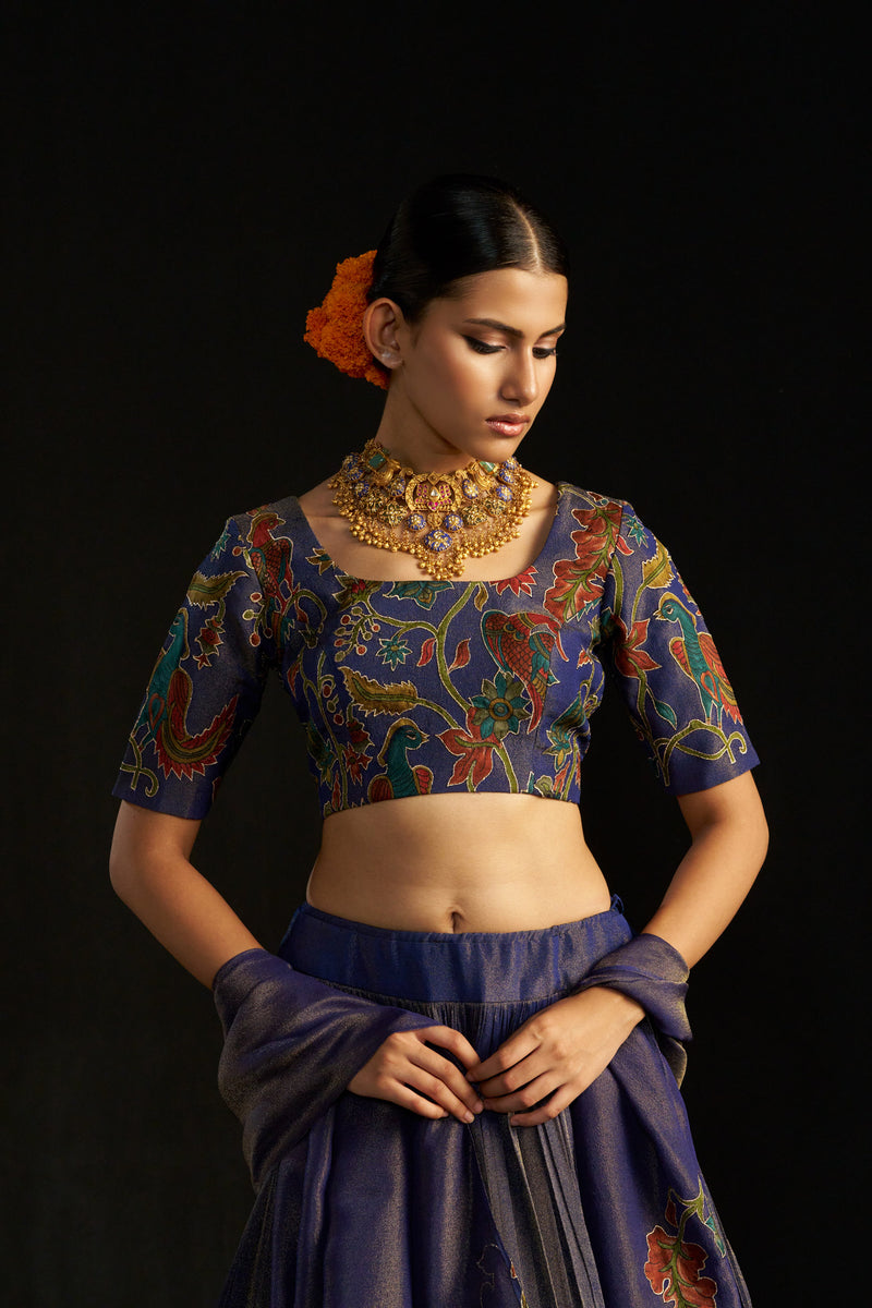 Dark Blue Kalamkari Lehengha , Blouse And Dupatta