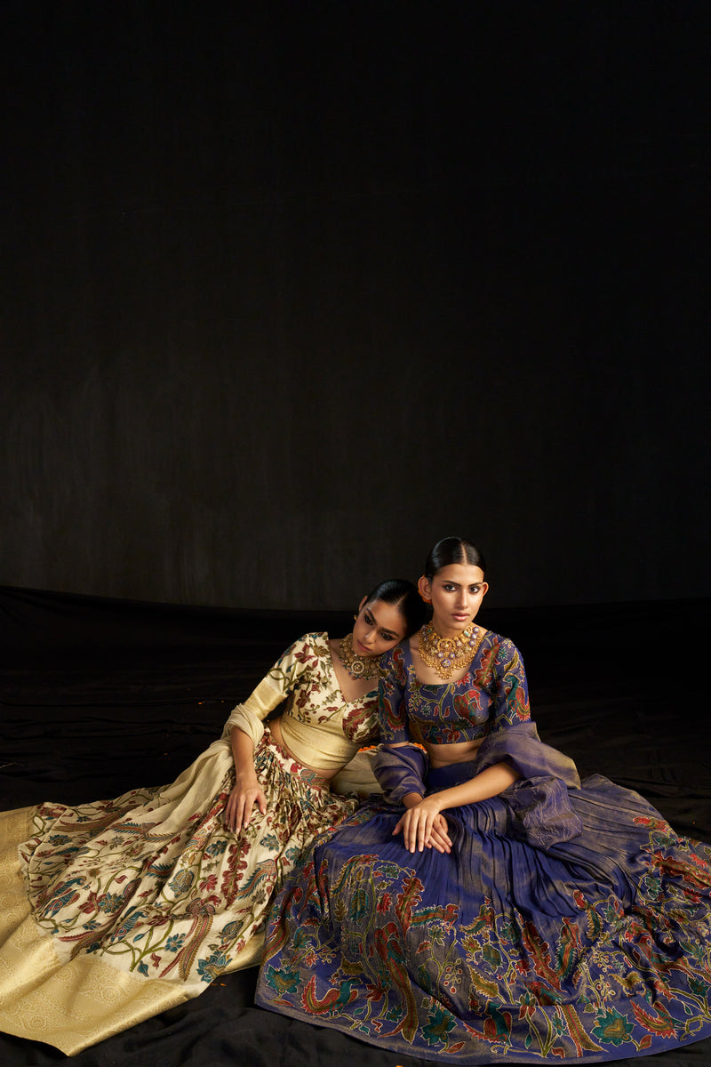 Dark Blue Kalamkari Lehengha , Blouse And Dupatta