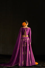 Purple Silk Lehengha, Blouse With Handembroidered Details Paired With Organza Dupatta