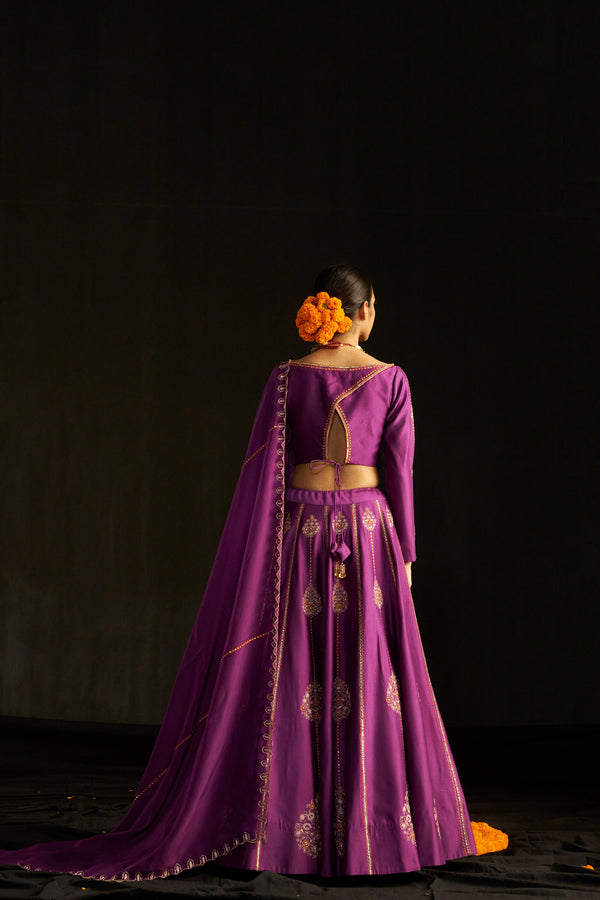 Purple Silk Lehengha, Blouse With Handembroidered Details Paired With Organza Dupatta