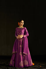 Purple Silk Lehengha, Blouse With Handembroidered Details Paired With Organza Dupatta