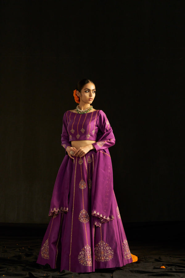 Purple Silk Lehengha, Blouse With Handembroidered Details Paired With Organza Dupatta