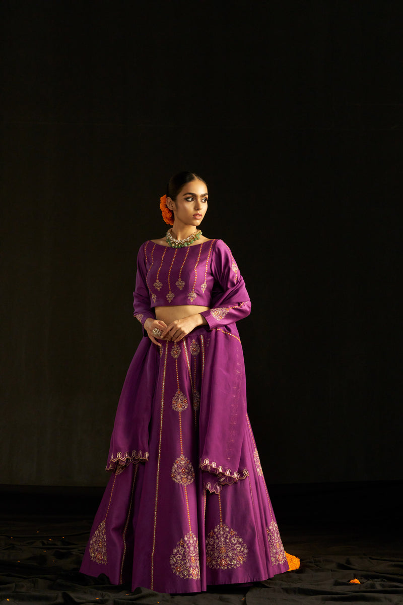 Purple Silk Lehengha, Blouse With Handembroidered Details Paired With Organza Dupatta