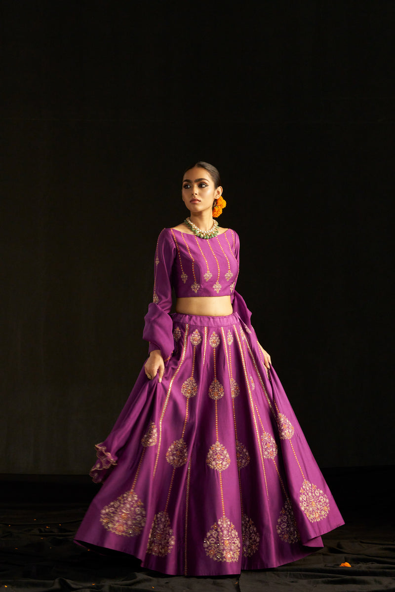 Purple Silk Lehengha, Blouse With Handembroidered Details Paired With Organza Dupatta