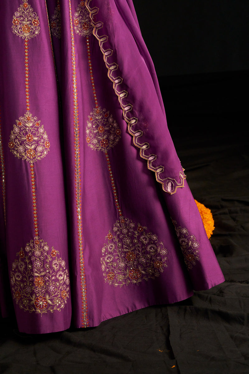 Purple Silk Lehengha, Blouse With Handembroidered Details Paired With Organza Dupatta