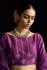 Purple Silk Lehengha, Blouse With Handembroidered Details Paired With Organza Dupatta