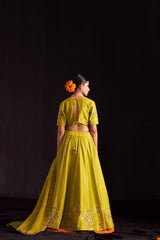 Green Silk Lehengha ,blouse With Handembroidered Details Paired With Organza Dupatta