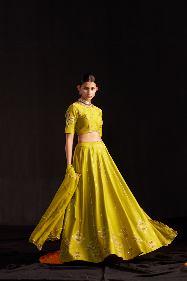 Green Silk Lehengha ,blouse With Handembroidered Details Paired With Organza Dupatta