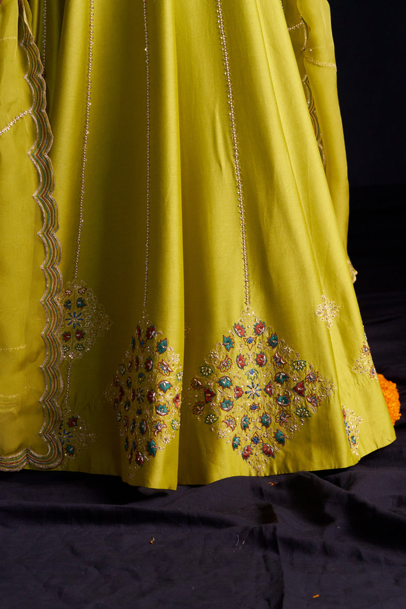 Green Silk Lehengha ,blouse With Handembroidered Details Paired With Organza Dupatta