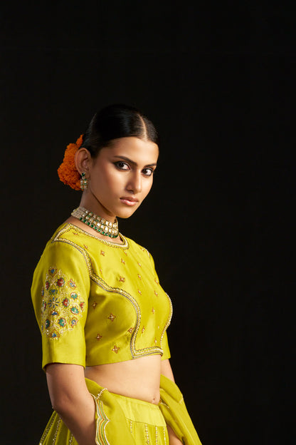Green Silk Lehengha ,blouse With Handembroidered Details Paired With Organza Dupatta