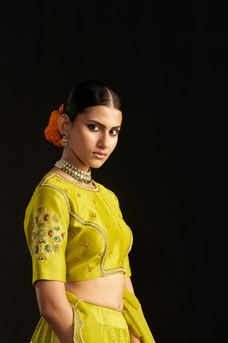 Green Silk Lehengha ,blouse With Handembroidered Details Paired With Organza Dupatta