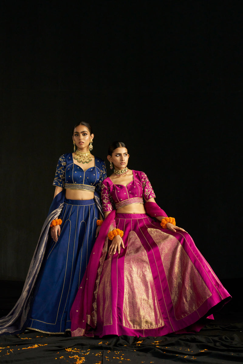 Magenta Brocade Lehengha Paired With Silk Blouse And Organza Dupatta