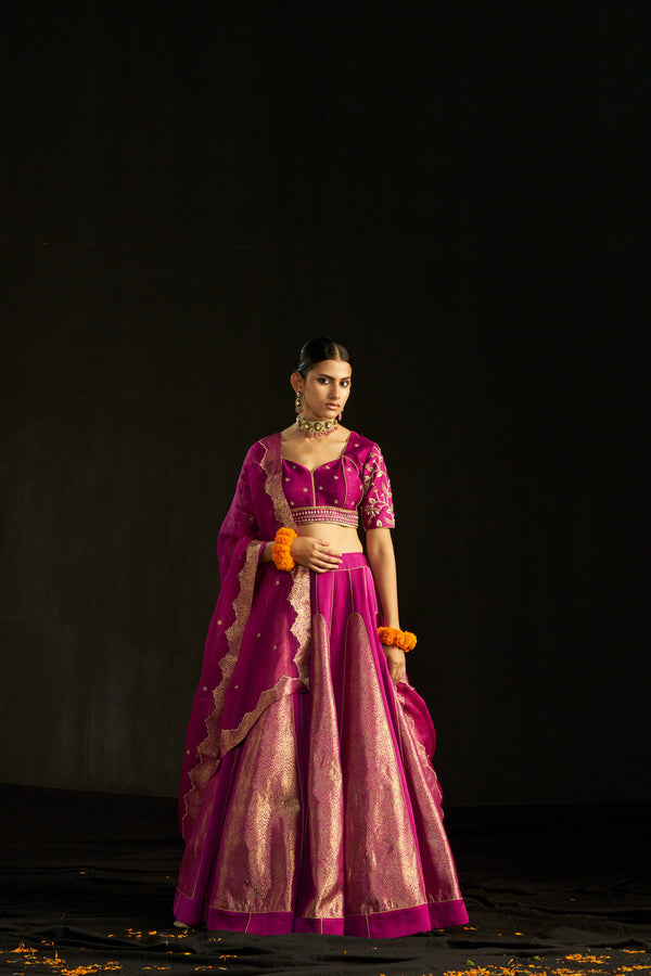 Magenta Brocade Lehengha Paired With Silk Blouse And Organza Dupatta