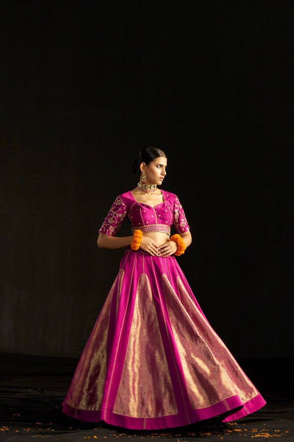 Magenta Brocade Lehengha Paired With Silk Blouse And Organza Dupatta