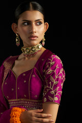 Magenta Brocade Lehengha Paired With Silk Blouse And Organza Dupatta