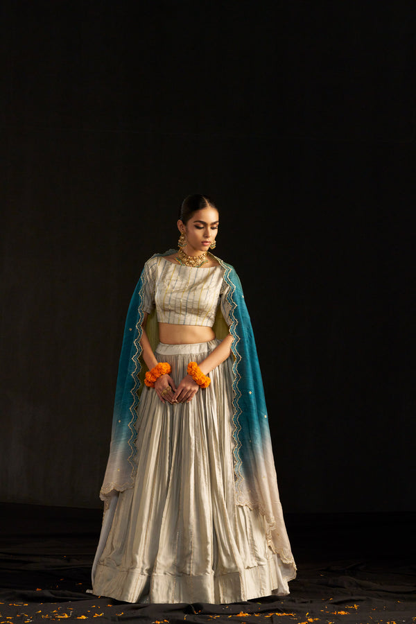Powder Grey Silk Lehengha, Blouse With Hand Embroidered Details Paired With Shaded Dupatta