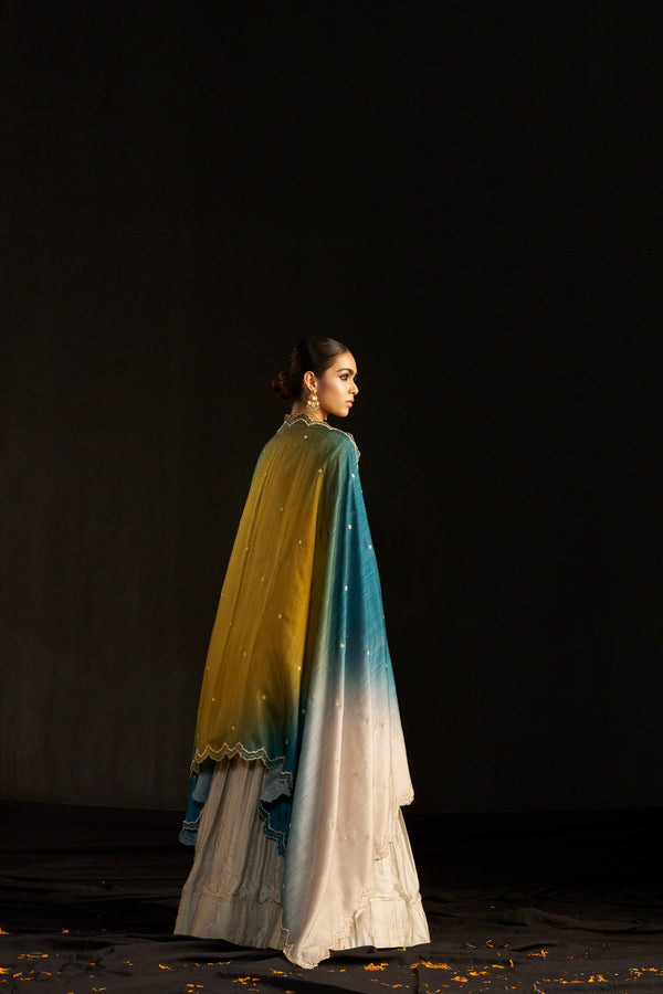 Powder Grey Silk Lehengha, Blouse With Hand Embroidered Details Paired With Shaded Dupatta