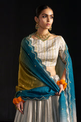Powder Grey Silk Lehengha, Blouse With Hand Embroidered Details Paired With Shaded Dupatta