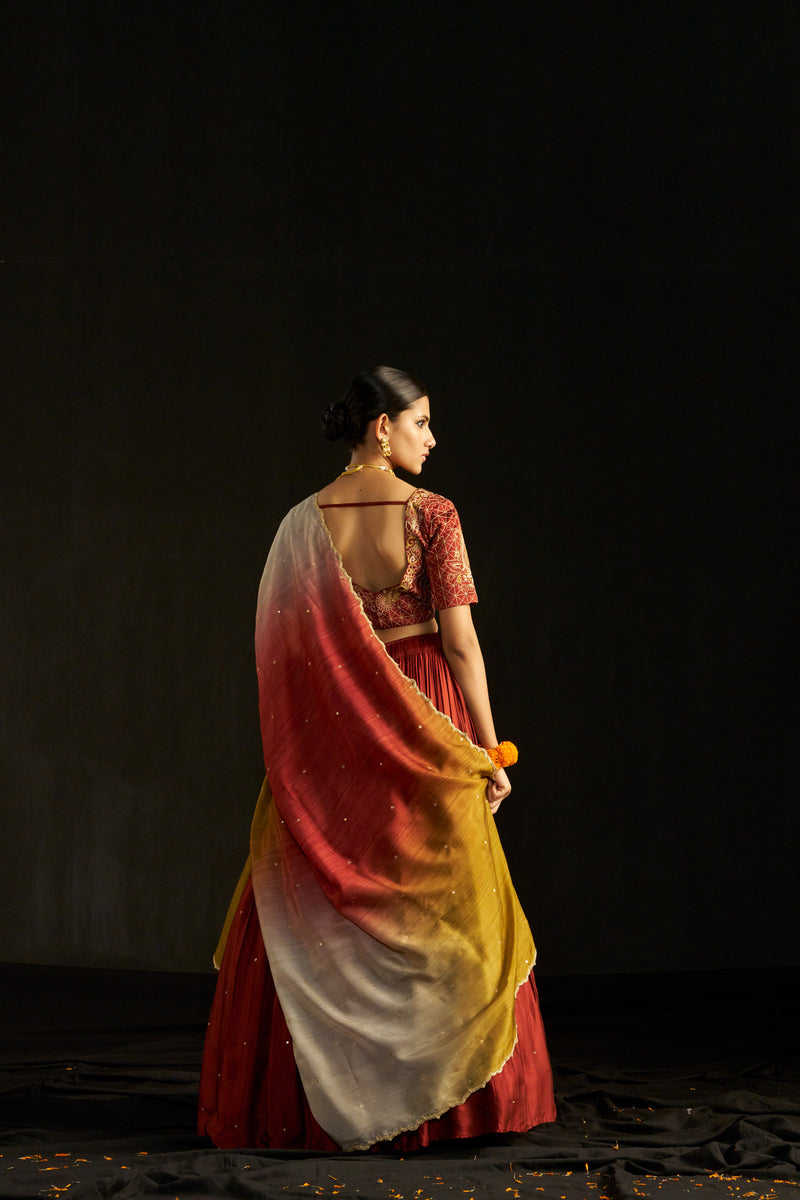 Maroon Silk Lehengha, Blouse With Hand Embroidered Blouse Paired With Shaded Dupatta