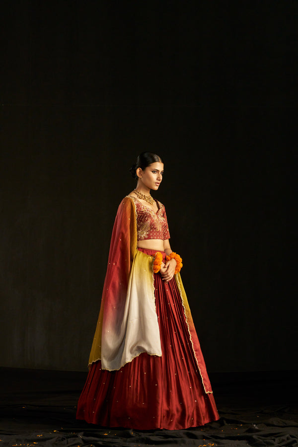 Maroon Silk Lehengha, Blouse With Hand Embroidered Blouse Paired With Shaded Dupatta