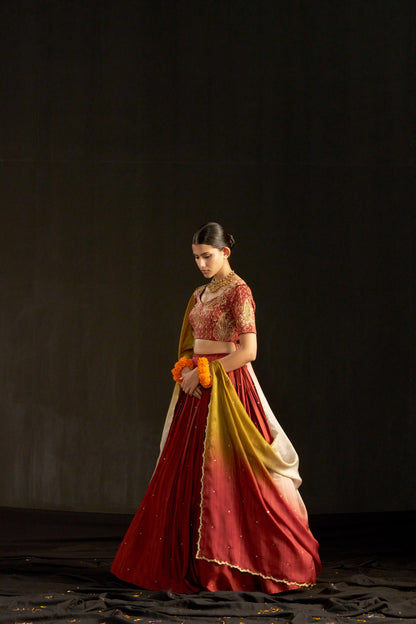 Maroon Silk Lehengha, Blouse With Hand Embroidered Blouse Paired With Shaded Dupatta