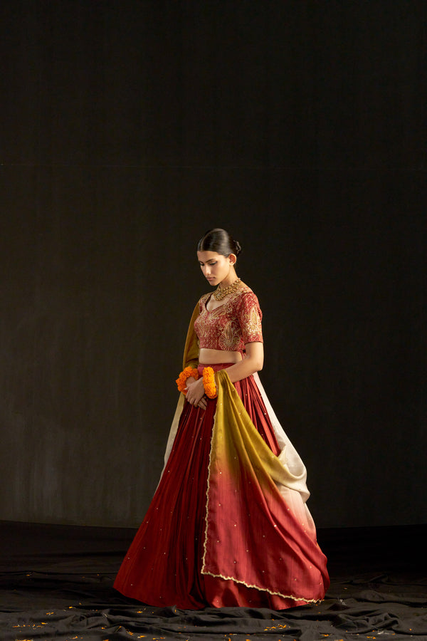 Maroon Silk Lehengha, Blouse With Hand Embroidered Blouse Paired With Shaded Dupatta