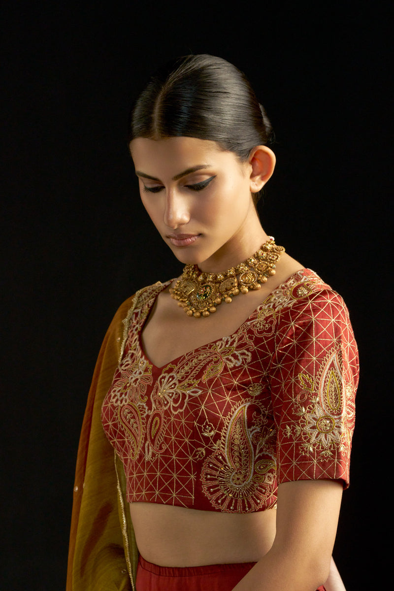 Maroon Silk Lehengha, Blouse With Hand Embroidered Blouse Paired With Shaded Dupatta