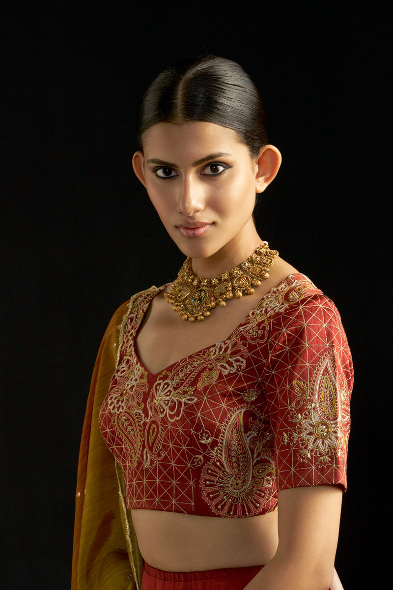 Maroon Silk Lehengha, Blouse With Hand Embroidered Blouse Paired With Shaded Dupatta