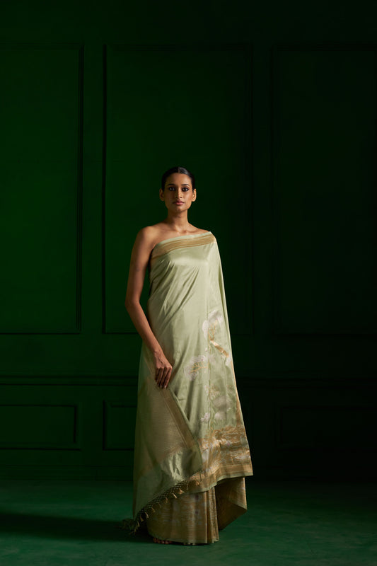 Pista Saree handwoven from Banaras